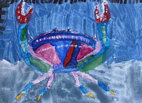 Second Place – #11 – Happy Crab in the Bay – Kira Kaunitz – Age 8 Second Place – #11 – Happy Crab in the Bay – Kira Kaunitz – Age 8