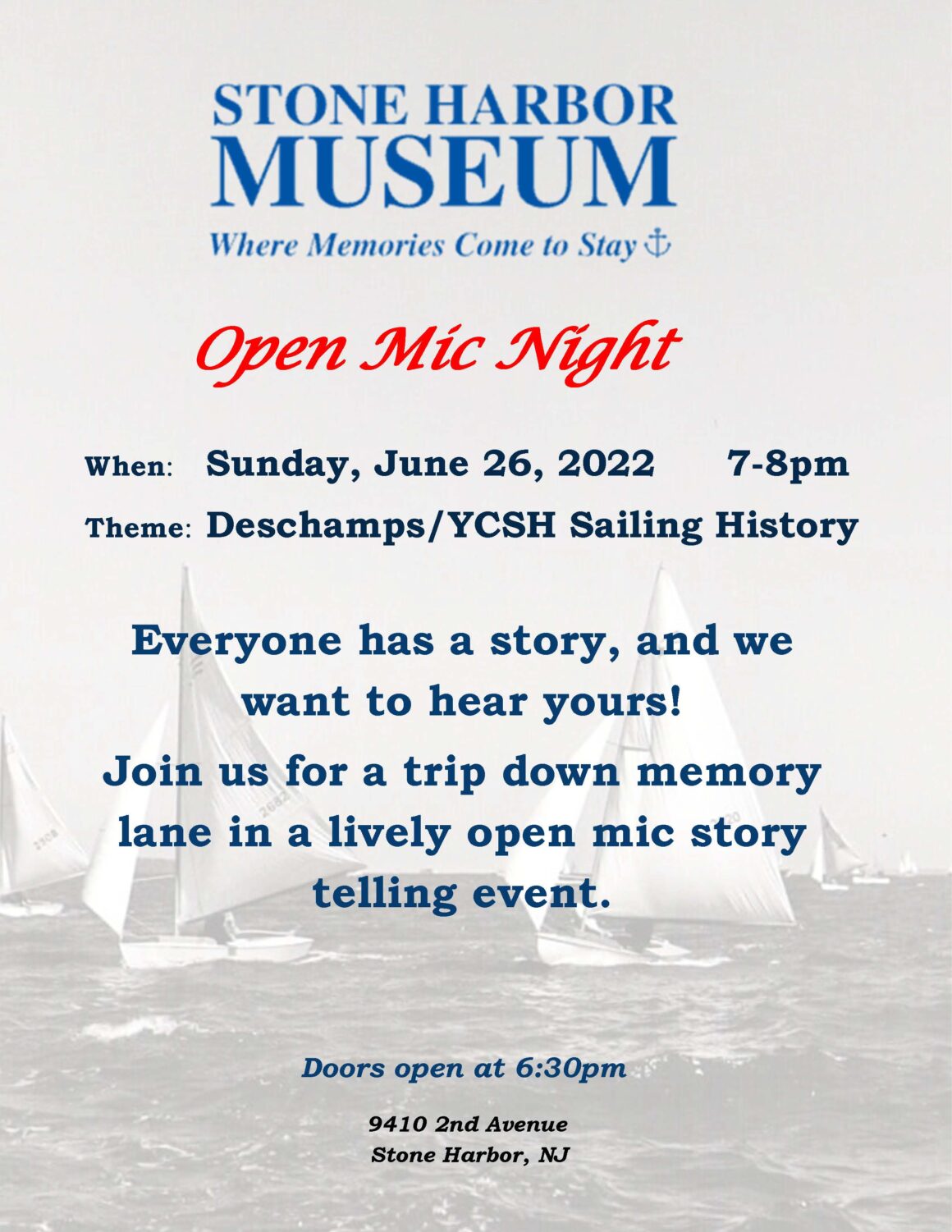 Stone Harbor Open Mic Night – 06_26_2022 – Deschamps / YCSH Sailing History